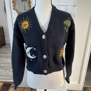 Sun Moon Pattern Crop Knitted Cardigan (XS)